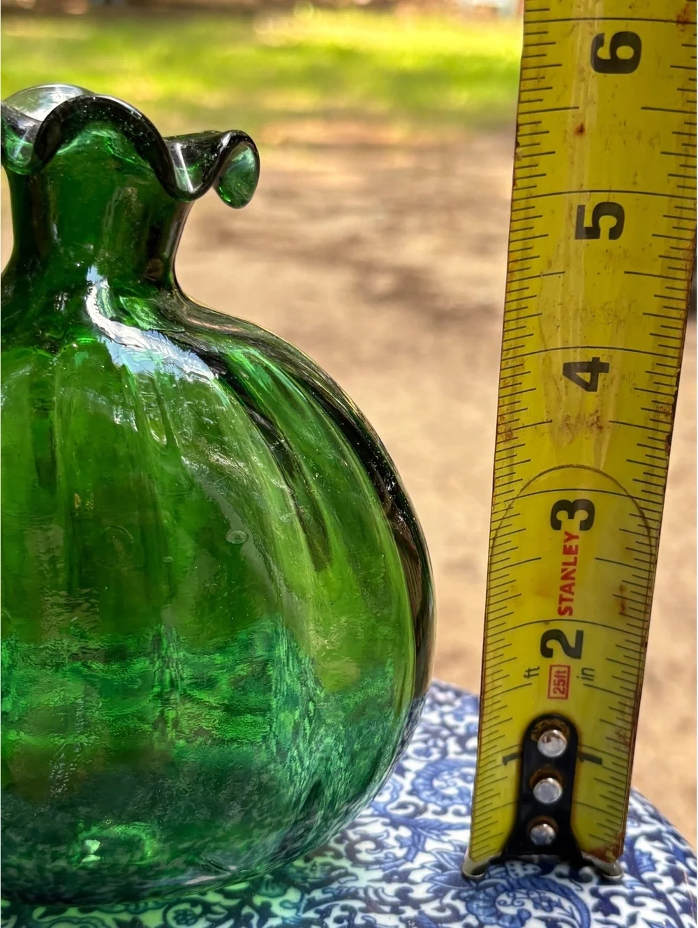 Vintage Emerald Green Art Glass Pumpkin Vase, Ruffled Rim, Blenko Style
